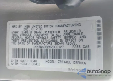 2009 Toyota Corolla Xle from USA, damaged, VIN 1NXBU40E89Z002127